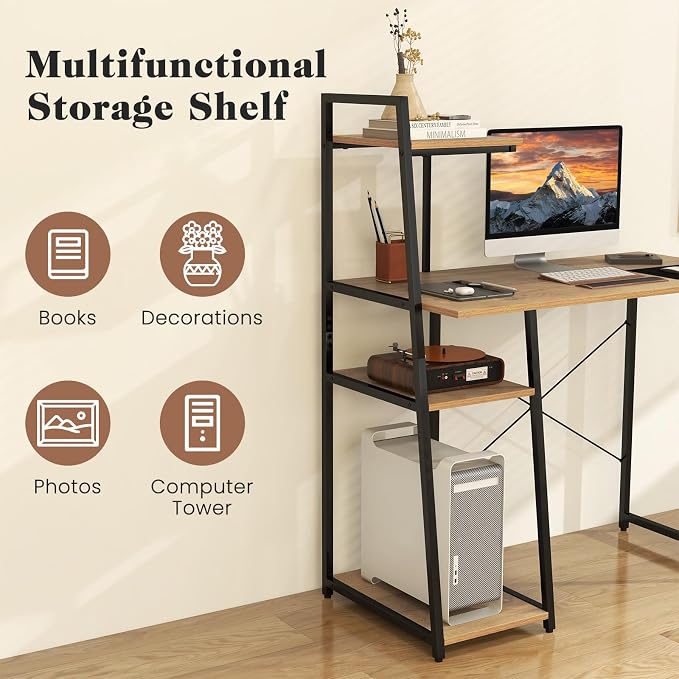 Tangkula Computer Desk with Shelves, Space Saving Home Office Desk with 3-Tier Ladder Shaped Storage Bookshelf, Modern Writing Study Desk with Metal Frame, Compact Computer Workstation (Natural)