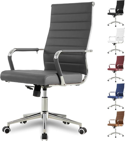 Okeysen Grey Office Desk Chair, Ergonomic Leather Modern Conference Room Chairs, Executive Ribbed Height Adjustable Swivel Rolling Chair for Home Office.