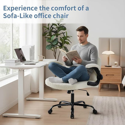 DUMOS Criss Cross Home Office Chair with Wheels, Wide Cross Legged Desk Vanity Chair Comfy Fabric Flip-Up Armrests Adjustable Swivel Chairs for Home Computer Bedroom, Creamy White