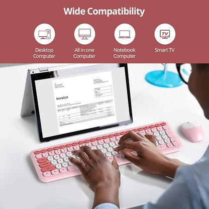 surmen Cute Wireless Keyboard and Mouse Combo, Pink Wireless Keyboard with Silent Mouse, Full Size Slim Low-Noise Soft Touch Round Keys for Home and Office,（6-Pink）