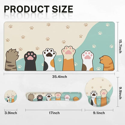 Britimes Kawaii Cat Paws Keyboard Mouse Pad Set Cute Cartoon 4in1 Large Mousepad+Keyboard Wrist Rest+Mouse Wrist Rest+Coaster Ergonomic Design for Home Office Computer 35.4x15.7 inches