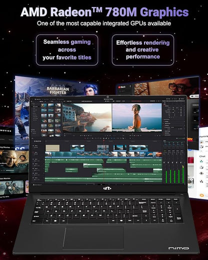 NIMO 17.3" Gaming-Creator-Laptop, 8-Core Ryzen 7 8745HS 32GB RAM 1TB SSD Beat i7-1360P up to 4.9GHz Radeon 780M, USB 4.0 FHD 100W Fast PD for Video Editing, AI Tasks & Remote Streaming, 2-Yr Warranty