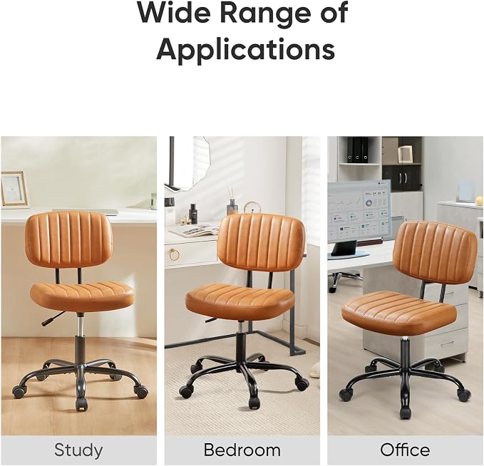 DUMOS Armless Small Home Office Desk Chair - Vanity Task Chair with Low Back, Height Adjustable PU Leather Swivel with 360° Rolling Wheels, Vanity, Bedroom, Deep Brown