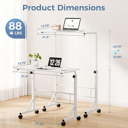 DUMOS 31.5" Walking Pad Desk, Portable Adjustable Height Rolling Laptop Desk with Lockable Wheels, Mobile Stand Up Computer Workstation for Treadmill Home Office White