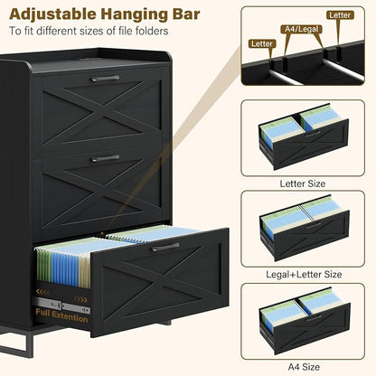Vabches File Cabinet 3 Drawers Lateral File Cabinet with Charging Station for Letter/Legal/A4 Size Hanging Files, Large Wood File Storage Cabinets Printer Stand for Home Office, Simple Black