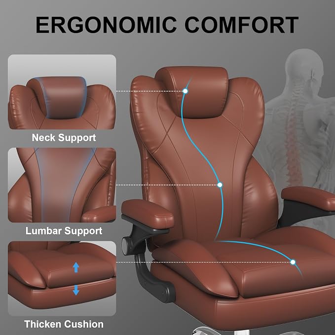 Office Chair, Home Desk Chair, Ergonomic Computer Chair with Lumbar Support, Executive Leather Chair with Flip-Up Armrests, Big and Tall Swivel Rolling Chair, Light Brown