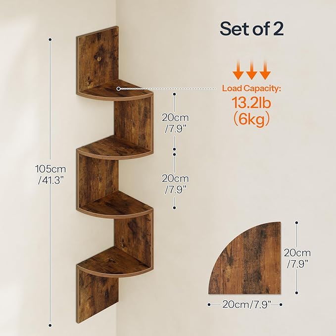 HOOBRO Corner Shelf Wall-Mounted, Set of 2 Floating Corner Shelves for Wall, 4-Tier Corner Bookshelves for Living Room, Bedroom, Bathroom, Home Office, Rustic Brown BF25BJP201