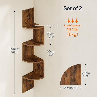 HOOBRO Corner Shelf Wall-Mounted, Set of 2 Floating Corner Shelves for Wall, 4-Tier Corner Bookshelves for Living Room, Bedroom, Bathroom, Home Office, Rustic Brown BF25BJP201