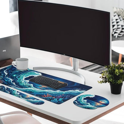 Britimes Moonlight Waves Keyboard Mouse Pad Set Blue Ocean Shark 4in1 Large Mousepad+Keyboard Wrist Rest+Mouse Wrist Rest+Coaster Ergonomic Design for Home Office Computer 35.4x15.7 inches