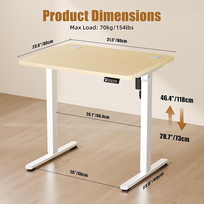 ERGOMAKER Electric Standing Desk, 31.5" x 23.6" Height Adjustable Sit Stand Desk with Splice Board for Home Office, Computer Desk Memory Preset (White Frame, Gold Oak Desktop)