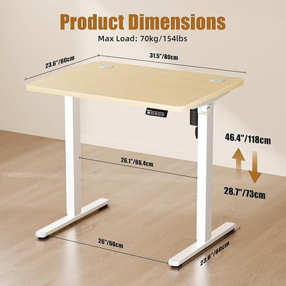 ERGOMAKER Electric Standing Desk, 31.5" x 23.6" Height Adjustable Sit Stand Desk with Splice Board for Home Office, Computer Desk Memory Preset (White Frame, Gold Oak Desktop)