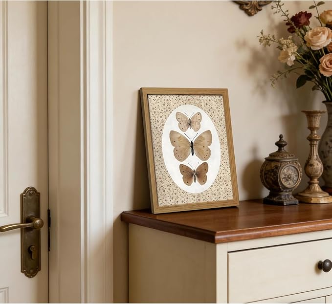 CXQILVER Vintage Framed Butterfly Canvas Wall Art,Natural Insect Illustration Prints Wall Decor, Antique Rustic Cottagecore Farmhouse Picture Painting Artwork for Bedroom Bathroom Living Room 8x10in