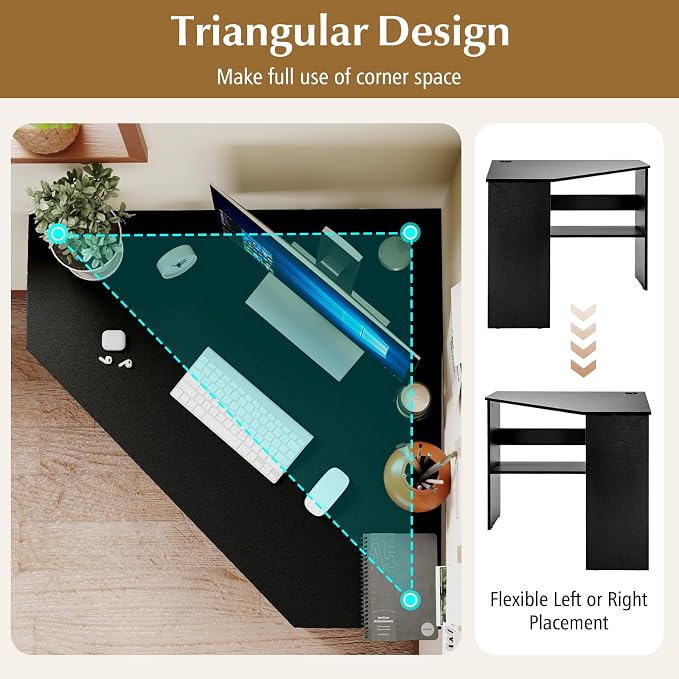Giantex Corner Desk, Space-Saving Triangle Computer Desk with Storage Shelves & CPU Stand, Modern Makeup Vanity Table for Bedroom, Writing Desk for Small Spaces (Black)