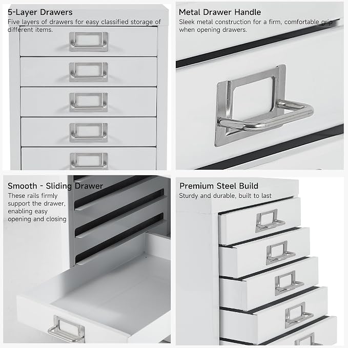 Office Storage Cabinet - File Cabinet Mini 5 Tier Metal File Organizer Document Organizer, for Home, Office, Desk (White)