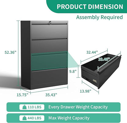 IKIMI 4 Drawer Lateral File Cabinets,Metal Filing Cabinet for Home Office,Wide Steel Storage Cabinet Commercial Drawer for Legal/Letter/A4 Size Files Assembly Required