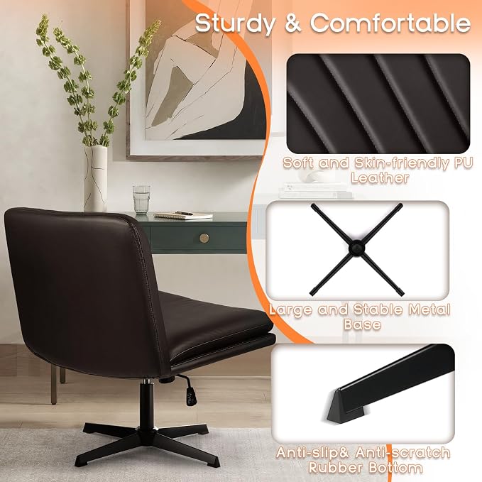 PUKAMI Criss Cross Chair,Comfy Cross Legged Office Desk Chair No Wheels,Modern Fabric Swivel Adjustable Height Mid Back Wide Seat for Home Office Computer (Pu Brown)