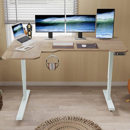 L-Shaped 59" Height Adjustable Electric Standing Desk,Height Stand Up Computer Desk,Sit and Stand Home Office Desk with Splice Board (Oak Top, White Frame)