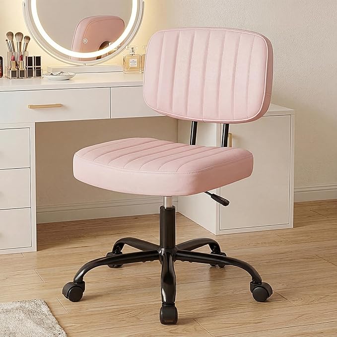 DUMOS Armless Home Office Chair: Small Desk Chair with Low Back Lumbar Support, Height Adjustable PU Leather Computer Task with 360° Swivel Wheels, for Adults, Pink