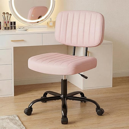DUMOS Armless Home Office Chair: Small Desk Chair with Low Back Lumbar Support, Height Adjustable PU Leather Computer Task with 360° Swivel Wheels, for Adults, Pink