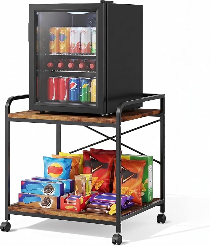 Under Desk Printer Stand, 22''W X 20''D X 22.4''H Mini Fridge Stand, Printer Shelf, Large Printer Table with Height Adjustable, 2 Tier 3D Printer Cart with Wheels for Home Office Storage, Rustic Brown