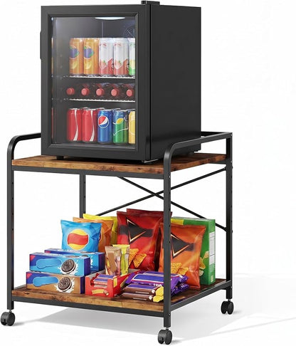 Under Desk Printer Stand, 22''W X 20''D X 22.4''H Mini Fridge Stand, Printer Shelf, Large Printer Table with Height Adjustable, 2 Tier 3D Printer Cart with Wheels for Home Office Storage, Rustic Brown