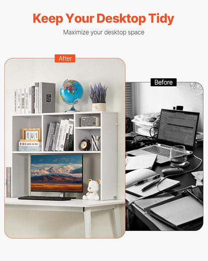 VEVOR Desktop Bookshelf, Storage Organizer with 5 Shelves for Computer Desk, Wooden Shelf Desk Hutch with Anti-Slip Feet Pads, Desk Top Display Rack for Office, Home & Dorm, White