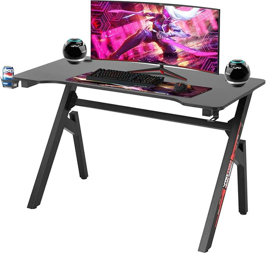 FDW Computer Desk Gaming Desk Student PC Desk Writing Desk Office Desk Modern Ergonomic Racing Style Table Workstation Carbon Fiber Headphone Hook (47in, Red)