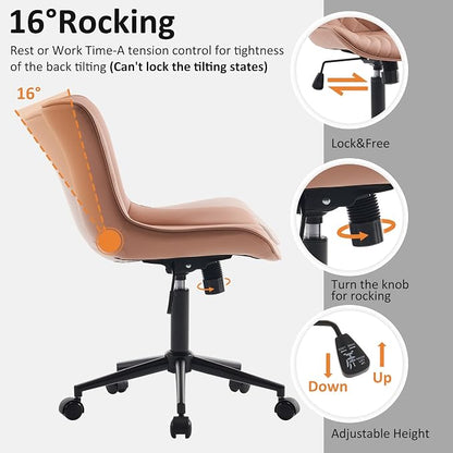 YOUTASTE Pink Modern Office Chair, Faux Leather Armless Desk Chair with Wheels, Height Adjustable, Swivel, Rocking, 300 lbs Capacity, Metal Base, for Home Office Vanity