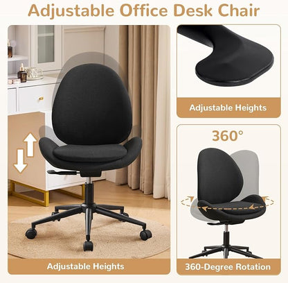 Furniliving Velvet Vanity Chair with Wheels, Adjustable Height Swivel Desk Chair& Lumbar Support, Armless Upholstered Makeup Chair for Bedroom Home Office Study Room (Black)