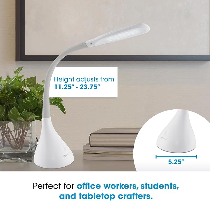 OttLite LED Desk Lamp with Adjustable Neck, Creative Curves (White/Grey) - 2.1A USB Charging Port, 4 Dimmable Brightness Settings, Energy-Efficient ClearSun LEDs for Home & Office