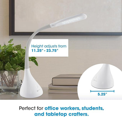 OttLite LED Desk Lamp with Adjustable Neck, Creative Curves (White/Grey) - 2.1A USB Charging Port, 4 Dimmable Brightness Settings, Energy-Efficient ClearSun LEDs for Home & Office