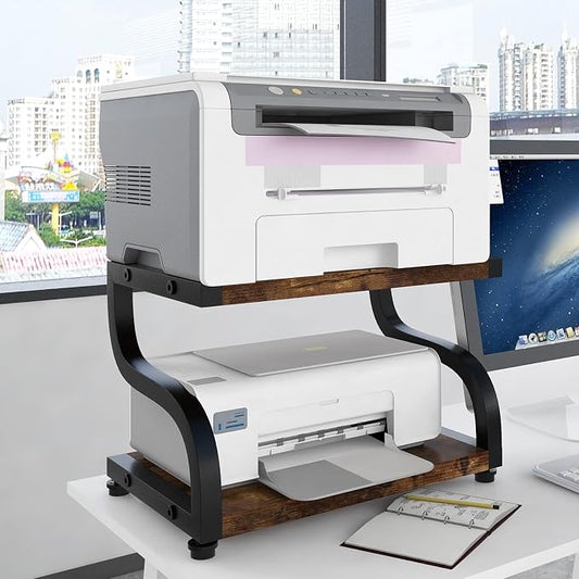 PUNCIA 2 Tier Wood Printer Stand with Storage Heavy Duty Desktop Shelf | Retro Modern Minimalist Style Fits Laser Printers Copiers Fax Machines, Organizer for Home Office Dorm Small Spaces