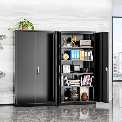 INTERGREAT Storage Cabinet with Doors and Shelves, Metal Garage Storage Cabinets with Lock, Black Lockable Steel Supply Cabinet for Home Office, Warehouse