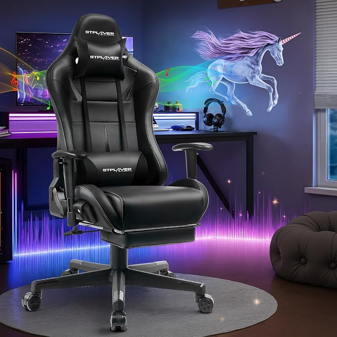 GTPLAYER Gaming Chair with Speakers, Video Game Chairs with Footrest for Adults, Ergonomic Computer PC Gamer Reclining Chair(Dark-Black)