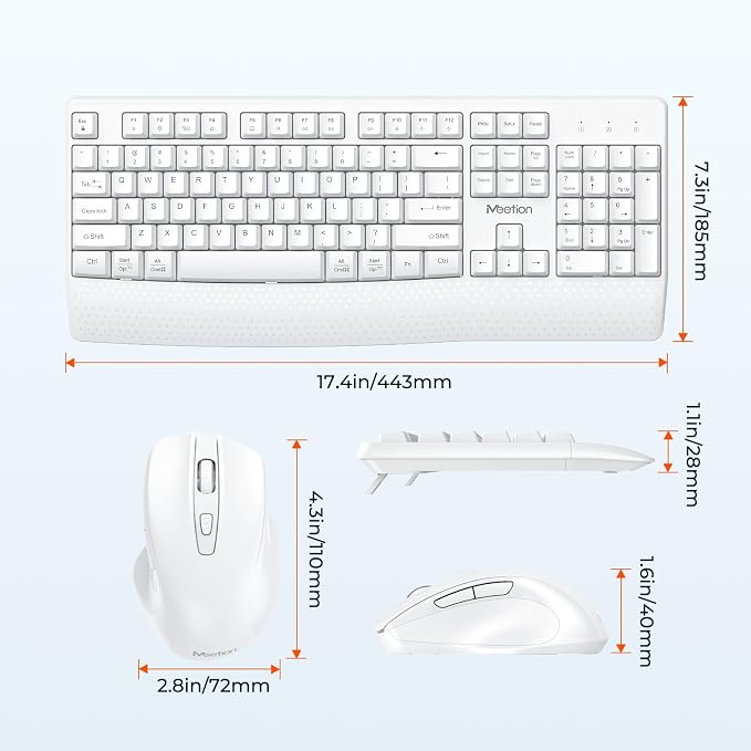 MEETION White Wireless Keyboard and Mouse, 2.4G USB Receiver Plug-and-Play, Computer Keyboard with Wrist Support, 3 Level DPI Mouse, Long Time Lasting Battery for PC/Mac/Windows/Laptop, White