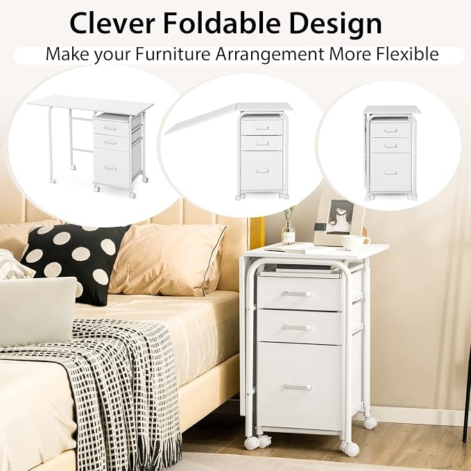 Tangkula White Folding Desk with 3 Drawers, Mobile Home Office Desk Study Writing Desk with Smooth Wheels, Space Saving Compact Table for Dorm Apartment, Rolling Couch Desk Table