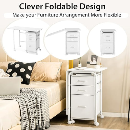 Tangkula White Folding Desk with 3 Drawers, Mobile Home Office Desk Study Writing Desk with Smooth Wheels, Space Saving Compact Table for Dorm Apartment, Rolling Couch Desk Table