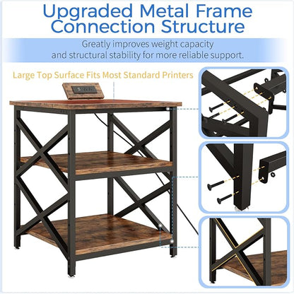 METYERRY Large Printer Stand with Power Outlet, with Height Adjustable Storage Shelf, 3 Tier Rolling Printer Cart with Industrial Wheels, 23.6 x 23.6 Inches Printer Table for Home Office, Rustic Brown