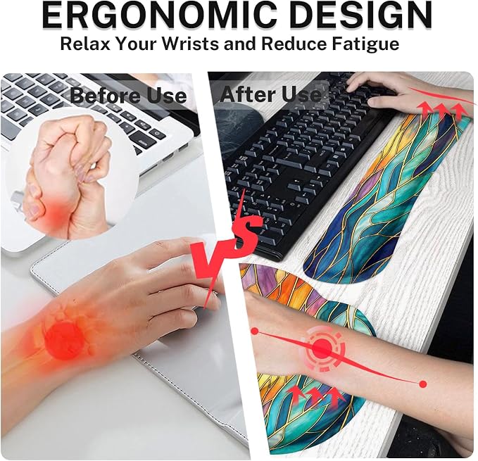 Britimes Gold Sun Ocean Keyboard Mouse Pad Set Boho Colorful 4in1 Large Mousepad+Keyboard Wrist Rest+Mouse Wrist Rest+Coaster Ergonomic Design for Home Office Computer 35.4x15.7 inches