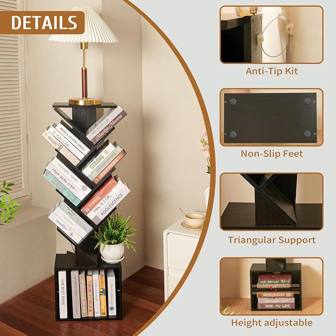 7 Tier Tree Book shelf, Small Bookcase with Reading Planner and Activity Panel, Modern Floor Standing Corner Tall Narrow Storage Cabinet Bookshelves for Home Office Bedroom Living Room (Black)