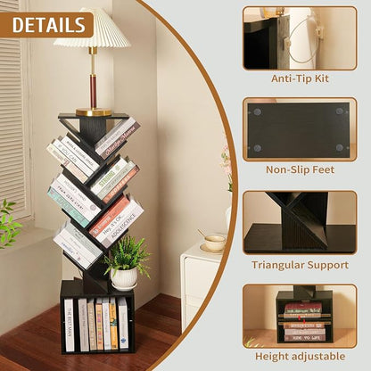 7 Tier Tree Book shelf, Small Bookcase with Reading Planner and Activity Panel, Modern Floor Standing Corner Tall Narrow Storage Cabinet Bookshelves for Home Office Bedroom Living Room (Black)