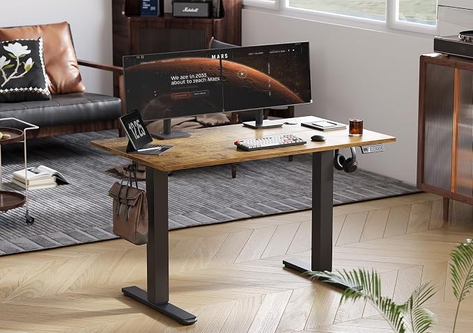 Seang Electric Standing Desk Adjustable Height, 55 x 24 Inch Sit Stand Desk with T-Shaped Frame, 3 Memory Presets & Cable Management for Home Office Computer Workstation, Black Frame/Rustic Brown Top
