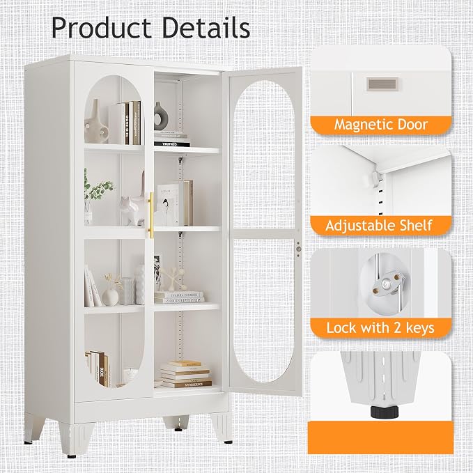 PAOFIN 61" H Locking Display Cabinet with Glass Door, Metal Cabinets with 3 Adjustable Shelves, Cabinet Display Case for Living Room, Collectibles, Clinic, Home - Assembly Required White