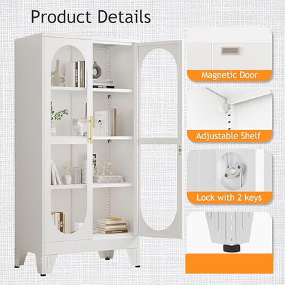 PAOFIN 61" H Locking Display Cabinet with Glass Door, Metal Cabinets with 3 Adjustable Shelves, Cabinet Display Case for Living Room, Collectibles, Clinic, Home - Assembly Required White