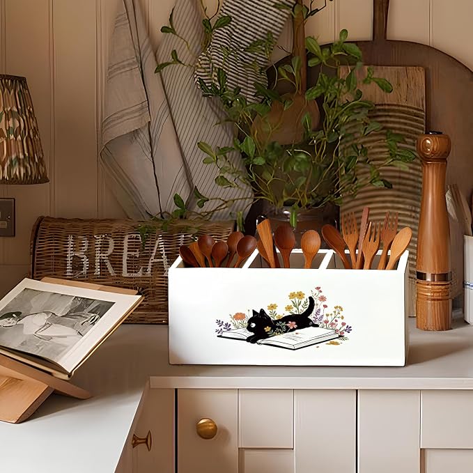 Black Cat Pen Holder, Book Lovers Reader Gifts Pencil Holder for Desk, Black Cat Lovers Gifts for Women, Floral Book Wooden Box Sign Decorations for Reading Room Corner Nook Desk Tabletop