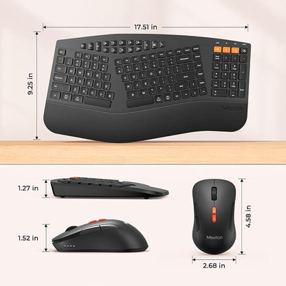MEETION Ergonomic Keyboard and Mouse, Multi-Device Bluetooth Keyboard and Mouse Wireless, 4 DPI Adjustable Mouse, Full-Sized Split Keyboard, for PC/Computer/Laptop/Tablet/Window/Mac (2025 Upgrade)
