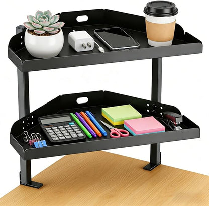 CanKing Corner Desk Clamp Shelf 16 Inch 2 Tier Adjustable Storage Rack | Sturdy metal organizer saves space, fits securely on or under corner of table for office, gaming & cubicle