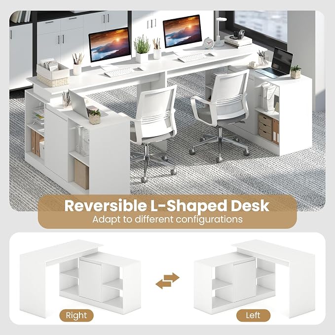 Tangkula Reversible L-Shaped Desk w/Storage Cabinet & 4 Shelves, White Corner Desk for Writing Study, Modern Computer Desk for Small Spaces, Executive Laptop Workstation for Home Office