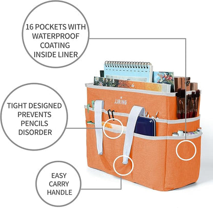 JJRING Craft Organizer Tote Bag, Large Art Storage Caddy with Multiple Pockets, Orange Sewing Bag for Art, Craft, Scrapbooking, School, Medical, and Office Supplies Storage