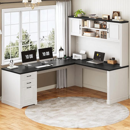 SEDETA Farmhouse L Shaped Desk with Hutch and 3 Drawers, 68.9" Executive Office Desk with File Drawer and Power Outlet, Corner Computer Desk with Storage Shelves for Home Office, White